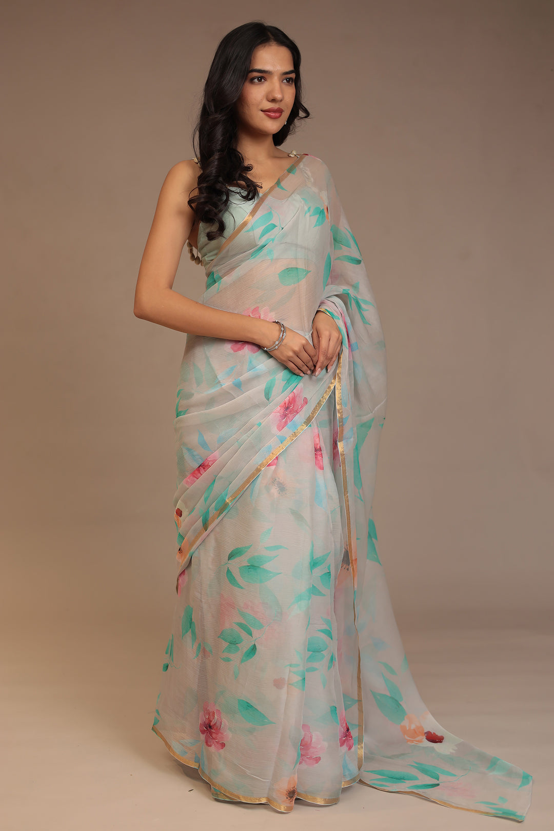 Digital Print Chiffon Saree with Zari work