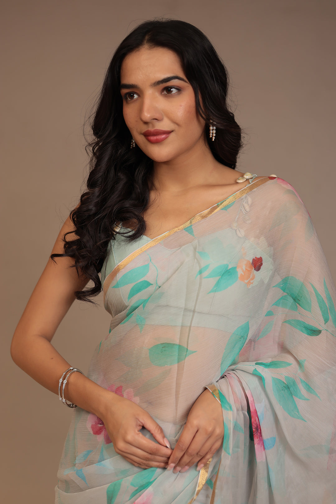 Digital Print Chiffon Saree with Zari work