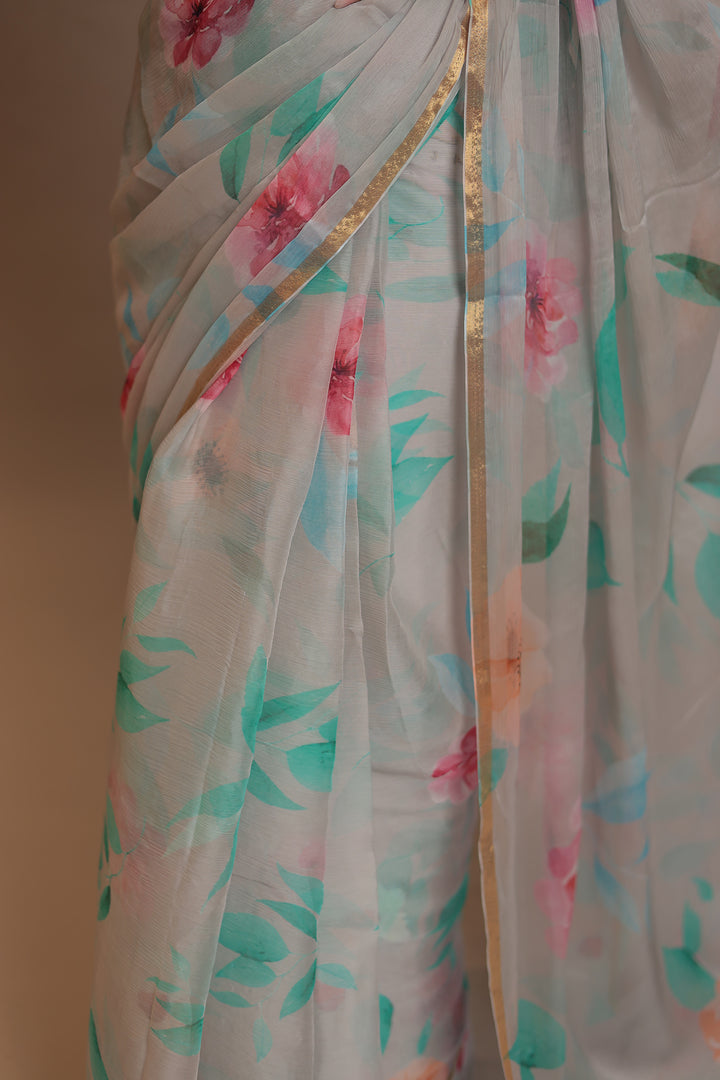 Digital Print Chiffon Saree with Zari work