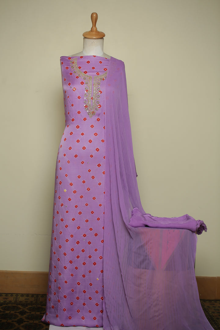 Bandhej Satin silk Unstitched Suit with Dori, Mirror, Pearl, Stone, Zardozi, Zari work.