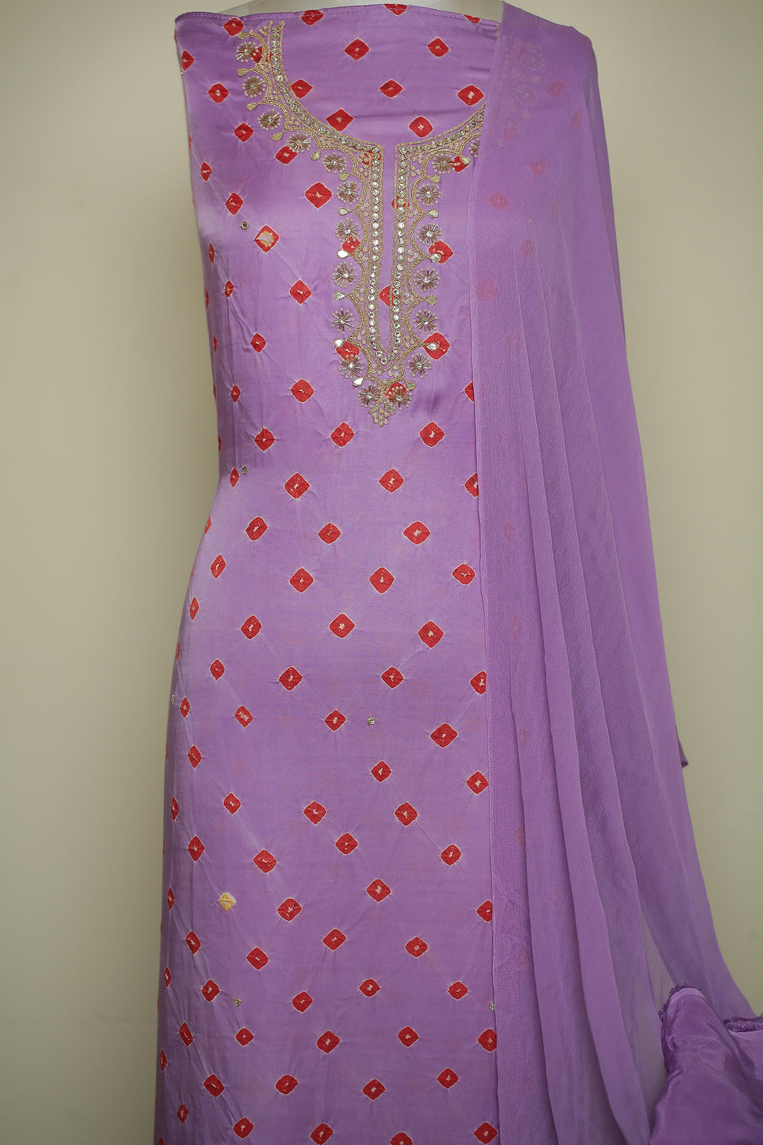 Bandhej Satin silk Unstitched Suit with Dori, Mirror, Pearl, Stone, Zardozi, Zari work.