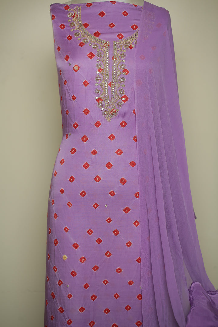 Bandhej Satin silk Unstitched Suit with Dori, Mirror, Pearl, Stone, Zardozi, Zari work.