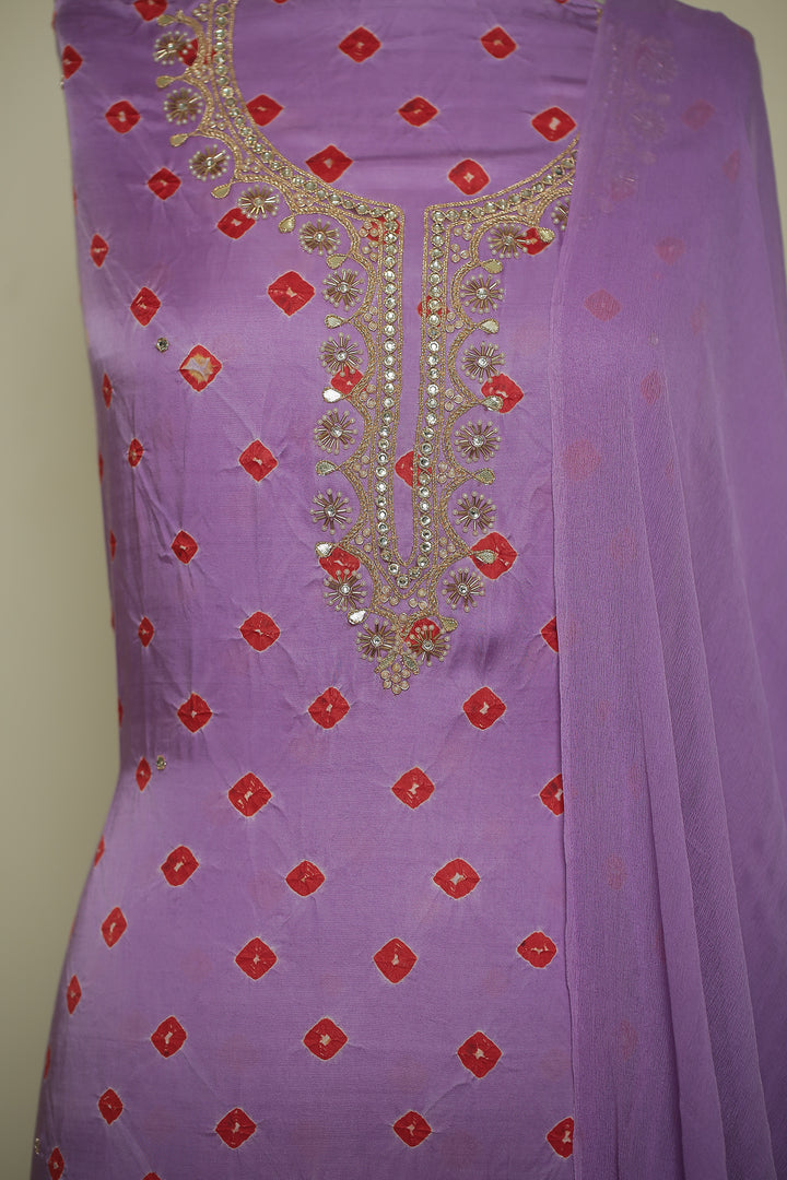 Bandhej Satin silk Unstitched Suit with Dori, Mirror, Pearl, Stone, Zardozi, Zari work.
