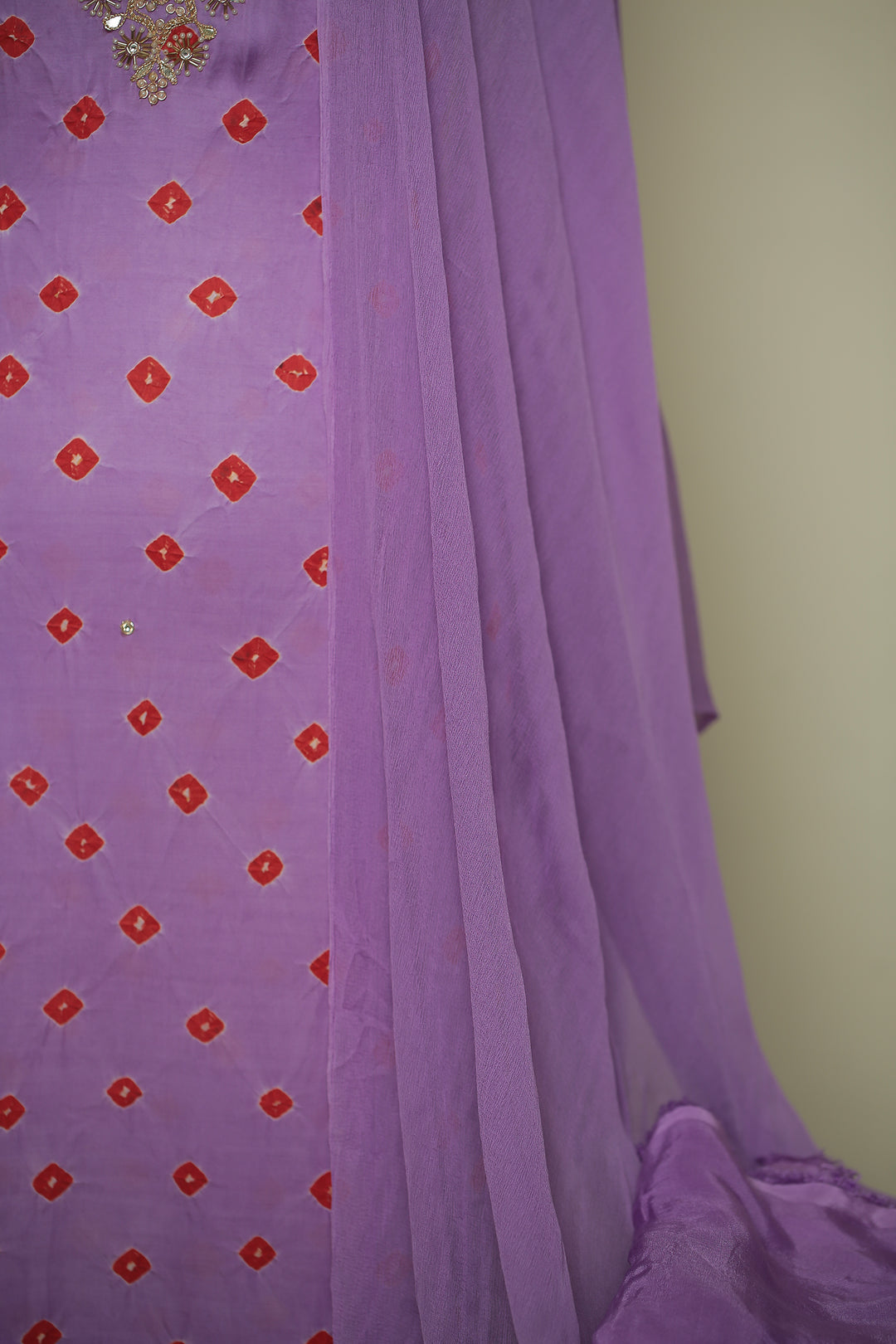 Bandhej Satin silk Unstitched Suit with Dori, Mirror, Pearl, Stone, Zardozi, Zari work.