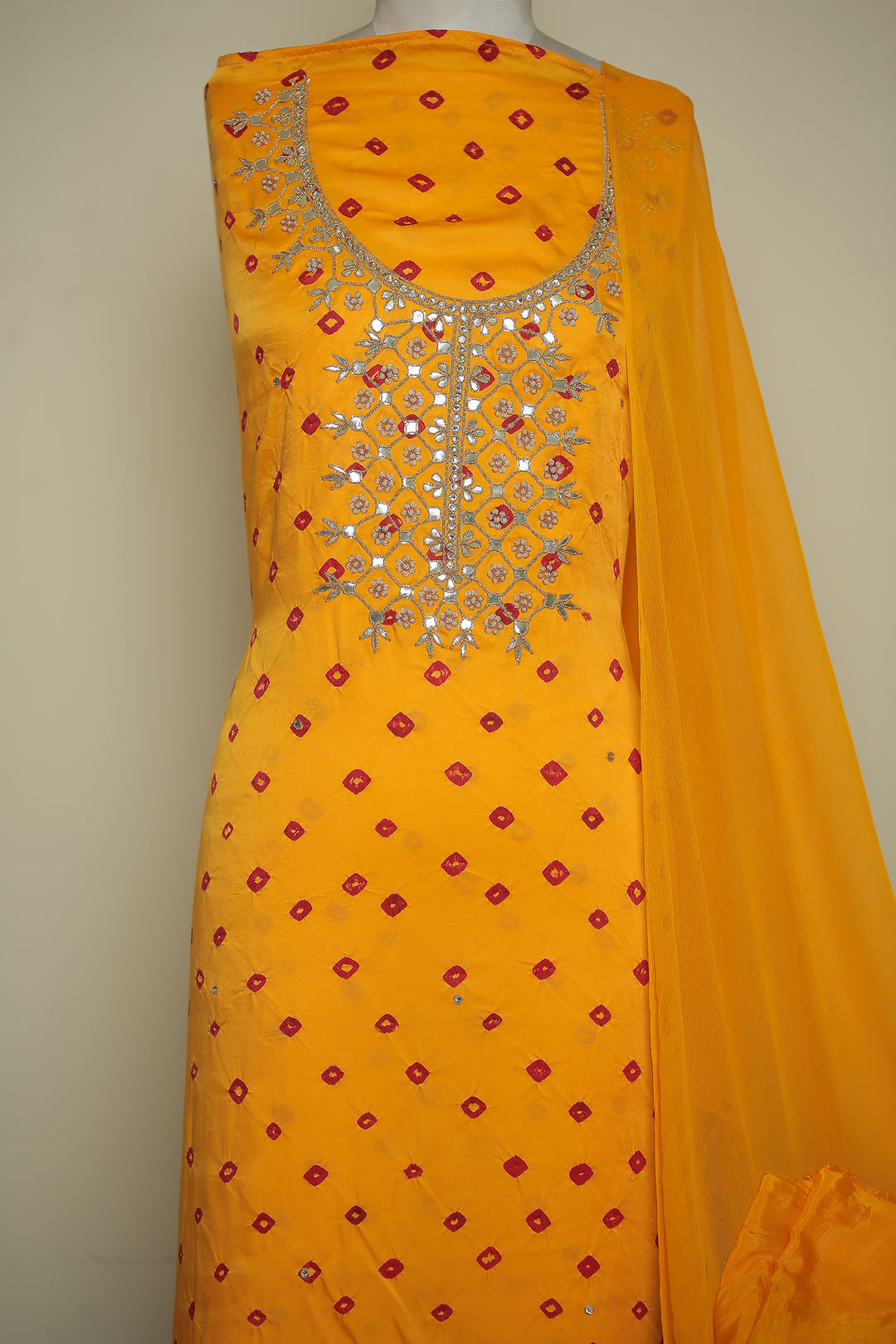 Banarasi Satin silk Unstitched Suit with Dori, Gota, Gota Patti, Pearl, Stone, Zari work.