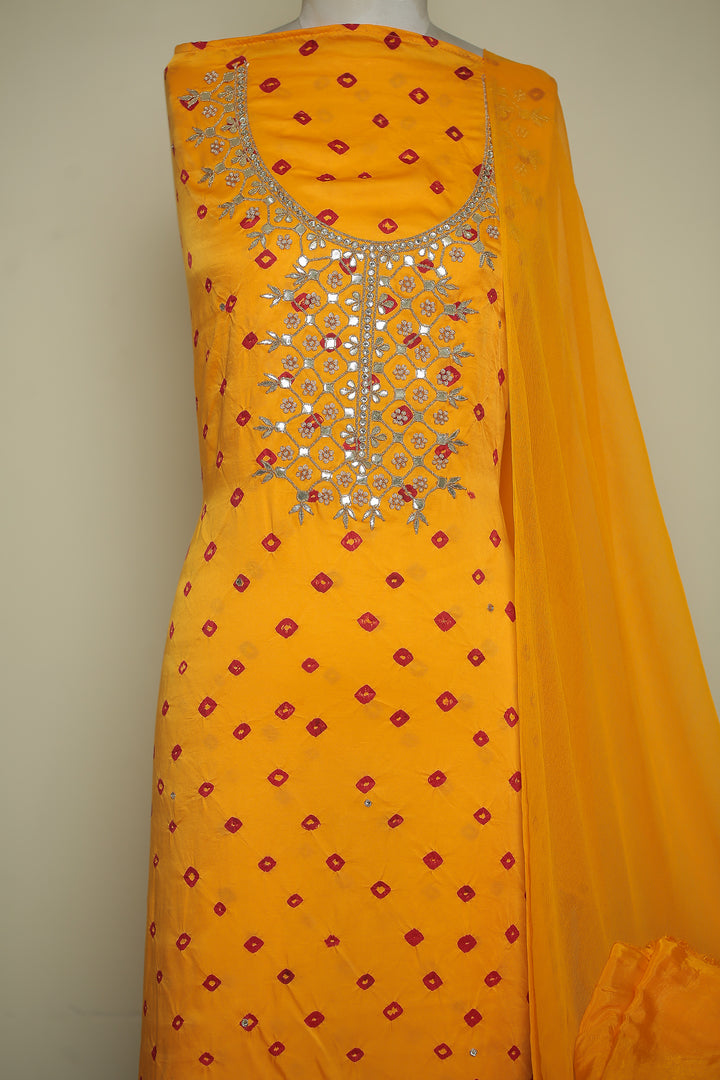 Banarasi Satin silk Unstitched Suit with Dori, Gota, Gota Patti, Pearl, Stone, Zari work.