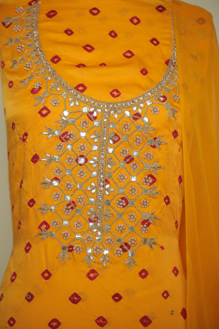 Banarasi Satin silk Unstitched Suit with Dori, Gota, Gota Patti, Pearl, Stone, Zari work.
