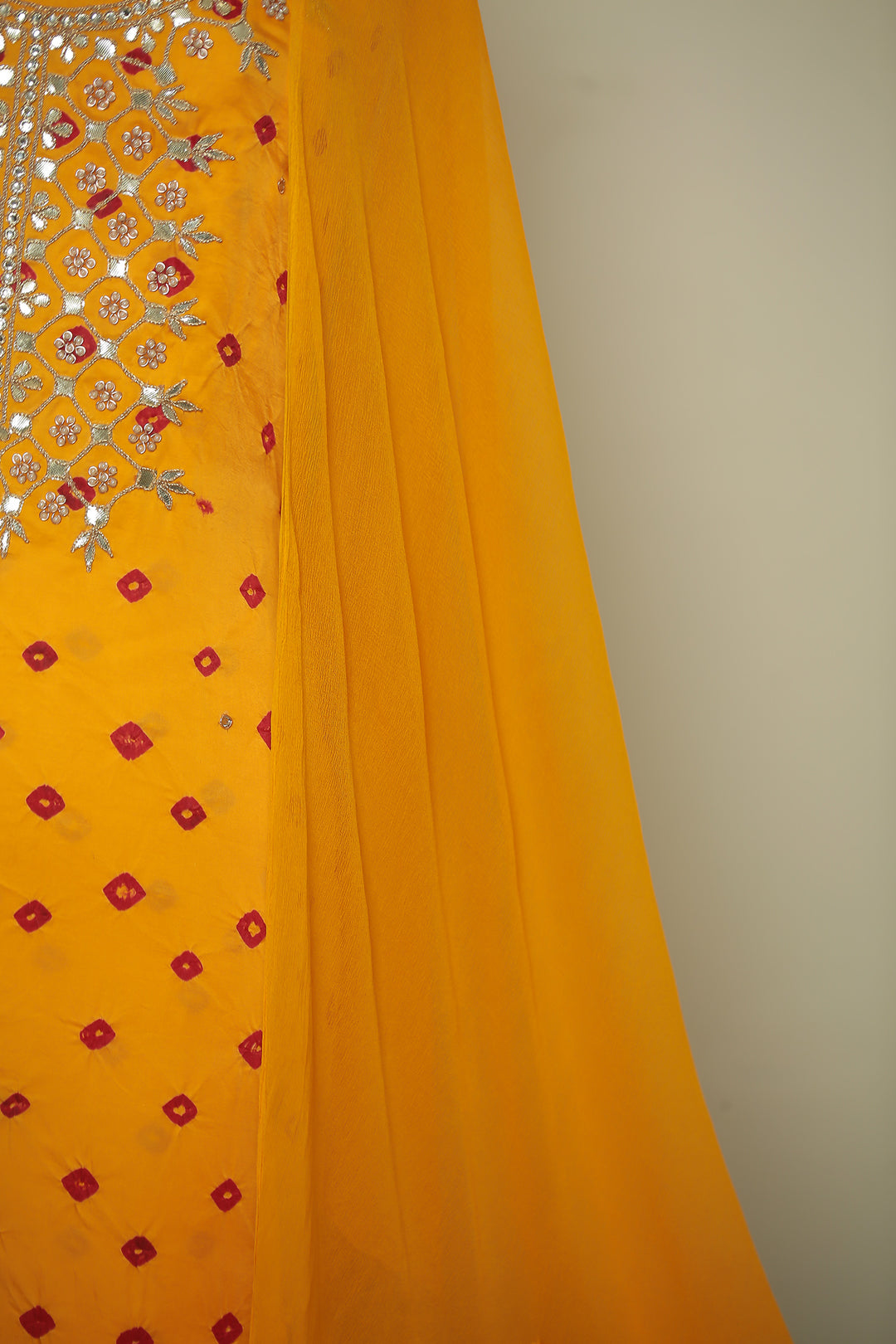 Banarasi Satin silk Unstitched Suit with Dori, Gota, Gota Patti, Pearl, Stone, Zari work.