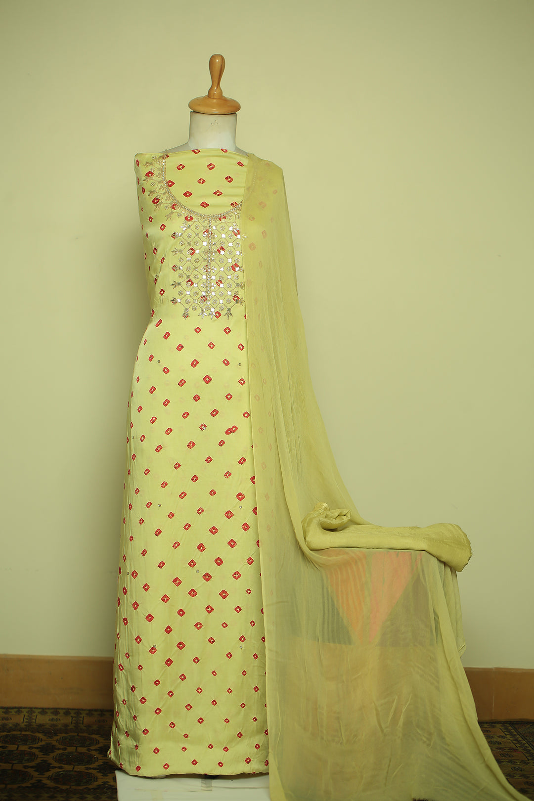 Bandhej Satin silk Unstitched Suit with Gota Patti, Pearl, Stone, Zari work.