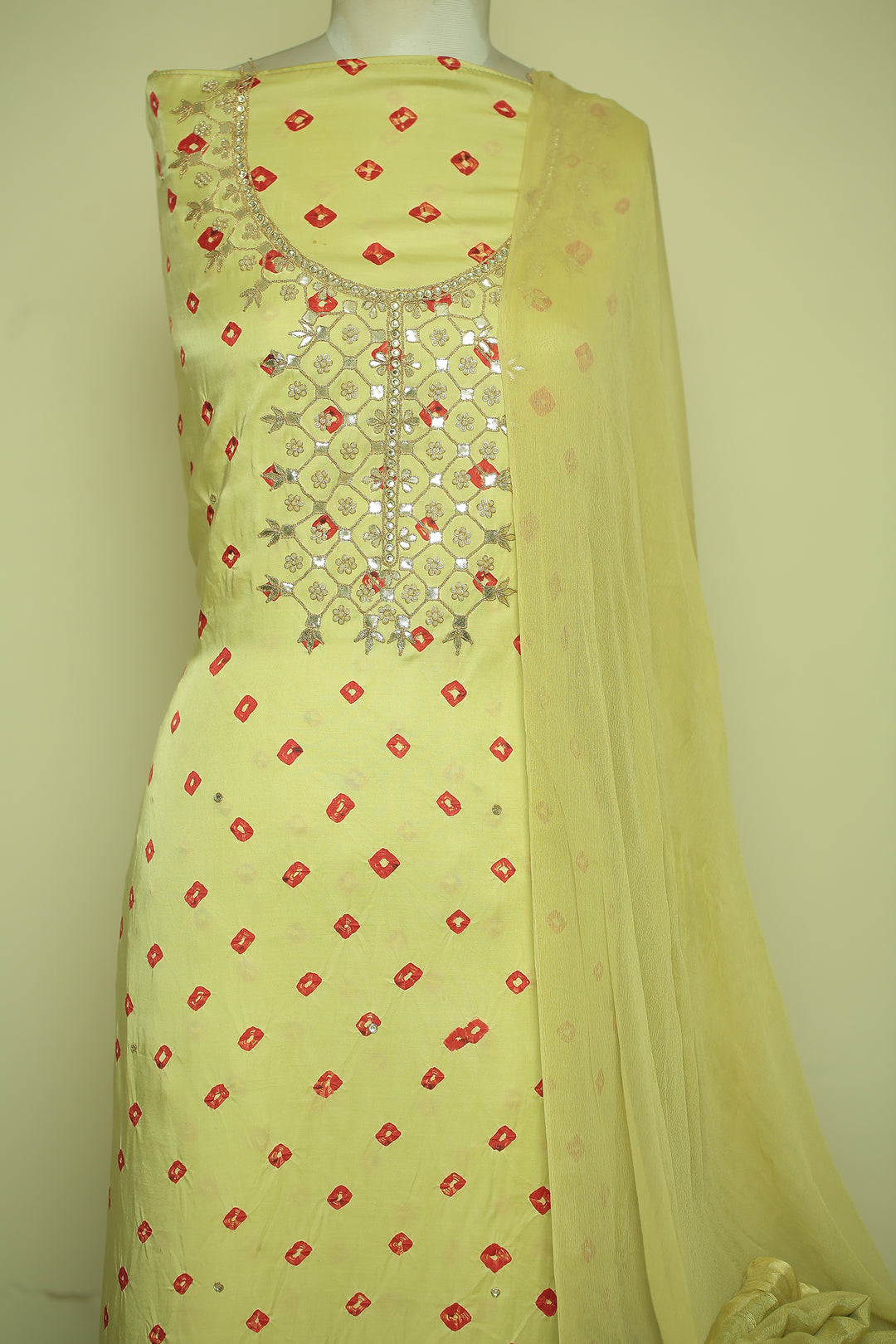 Bandhej Satin silk Unstitched Suit with Gota Patti, Pearl, Stone, Zari work.