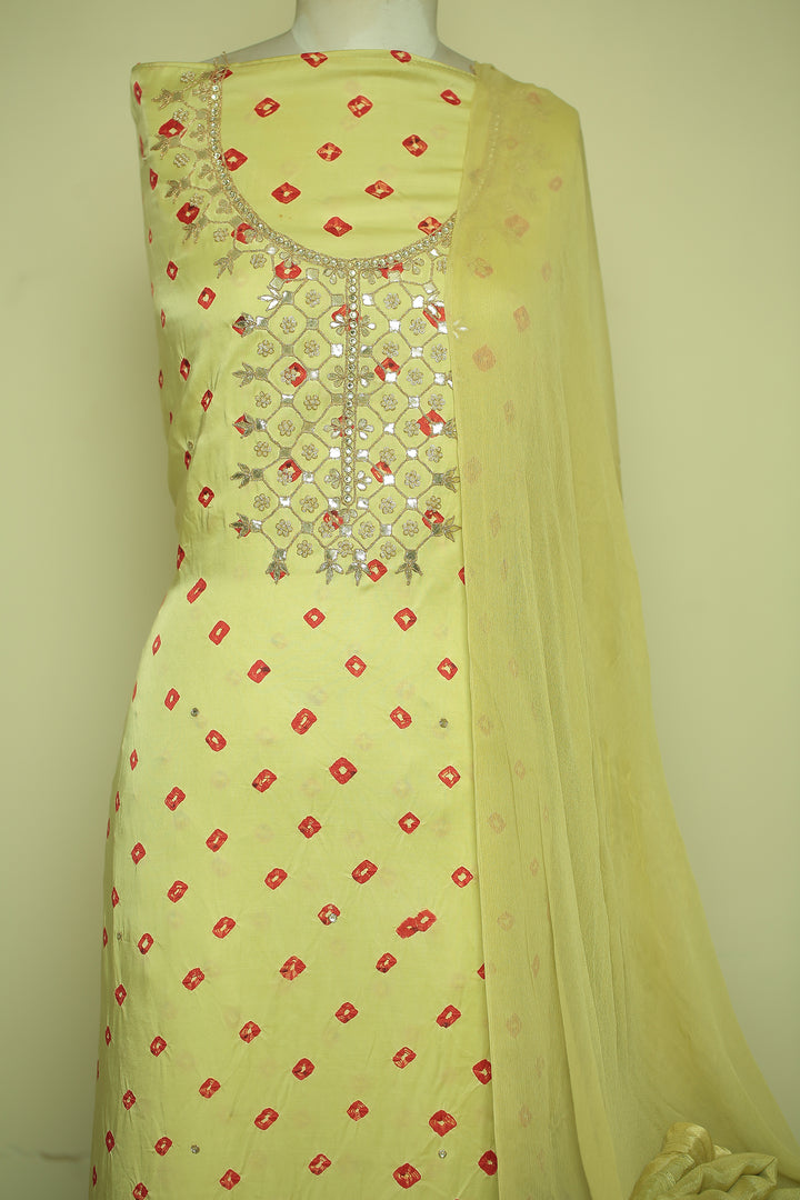 Bandhej Satin silk Unstitched Suit with Gota Patti, Pearl, Stone, Zari work.