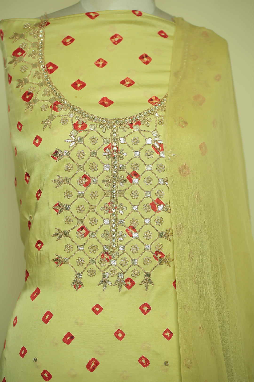 Bandhej Satin silk Unstitched Suit with Gota Patti, Pearl, Stone, Zari work.