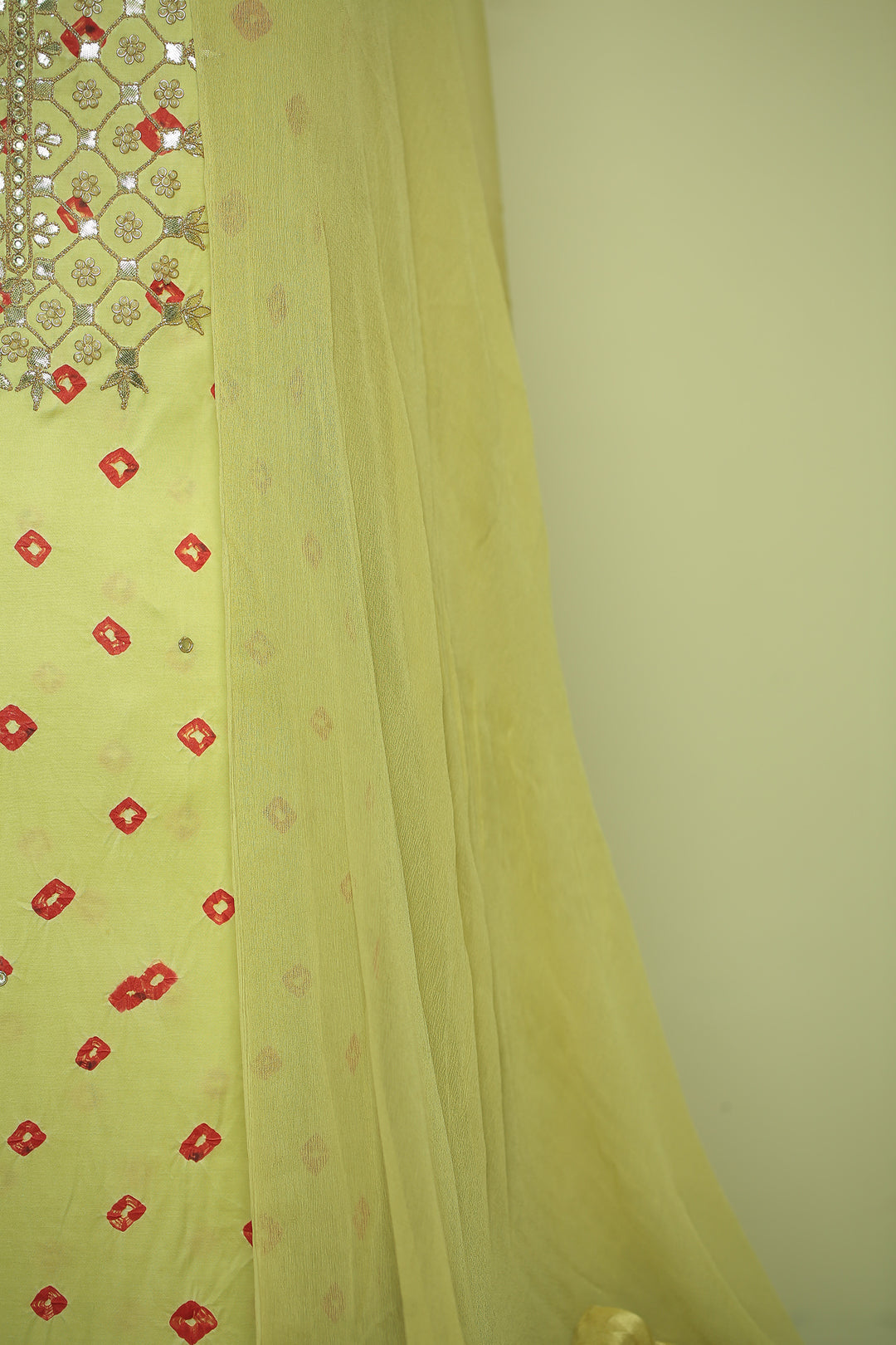Bandhej Satin silk Unstitched Suit with Gota Patti, Pearl, Stone, Zari work.
