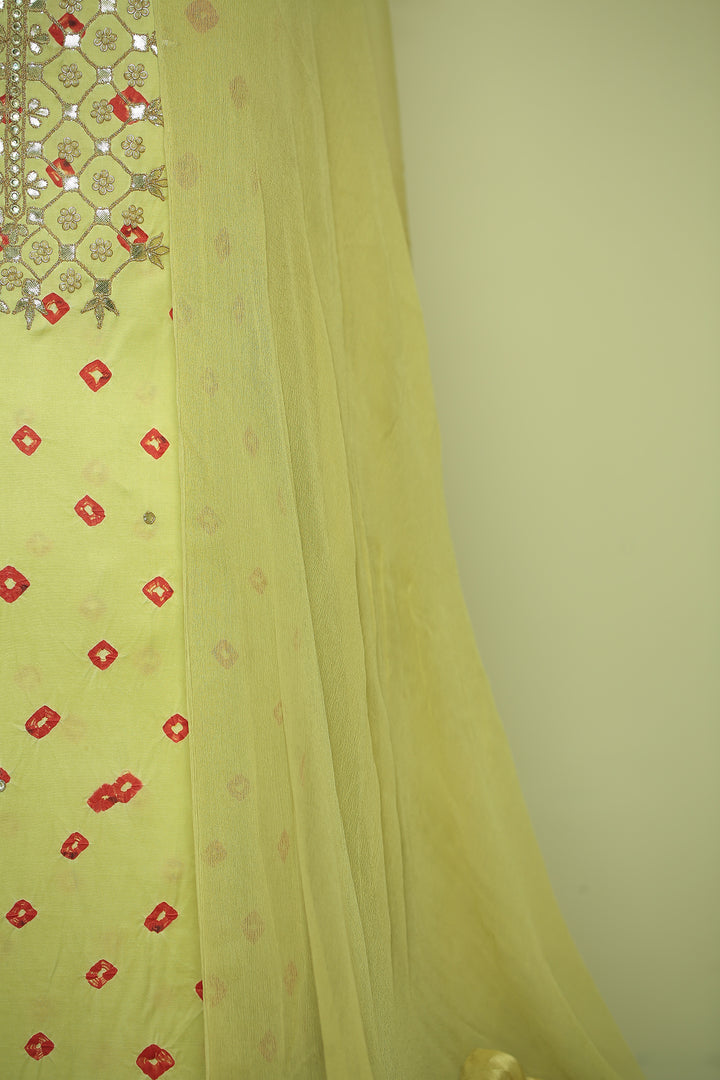 Bandhej Satin silk Unstitched Suit with Gota Patti, Pearl, Stone, Zari work.