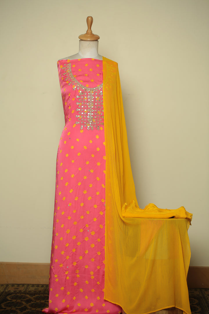 Bandhej Satin silk Unstitched Suit with Dori, Gota Patti, Mirror, Stone, Zari work.