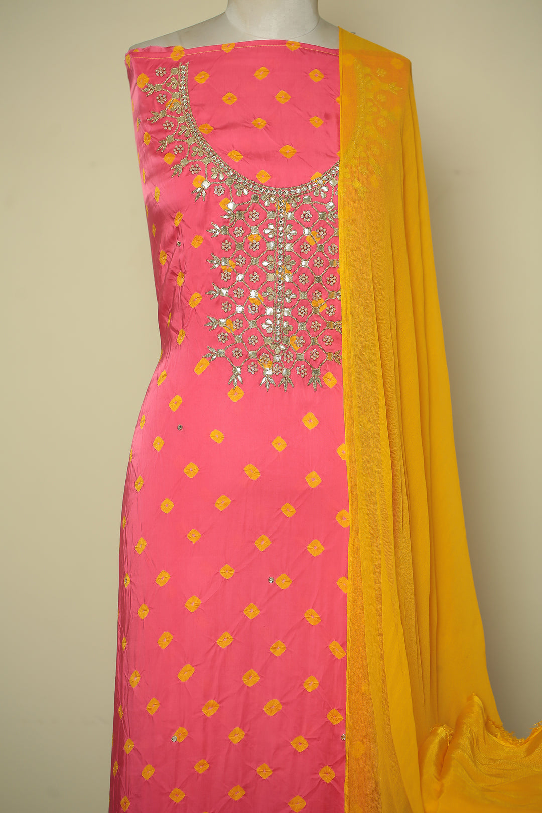 Bandhej Satin silk Unstitched Suit with Dori, Gota Patti, Mirror, Stone, Zari work.