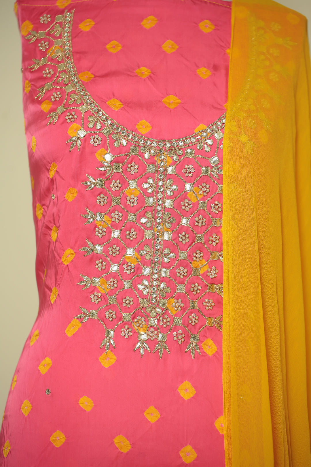 Bandhej Satin silk Unstitched Suit with Dori, Gota Patti, Mirror, Stone, Zari work.
