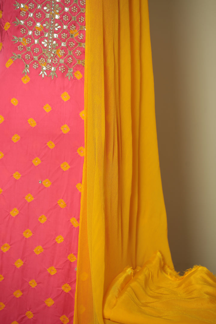 Bandhej Satin silk Unstitched Suit with Dori, Gota Patti, Mirror, Stone, Zari work.