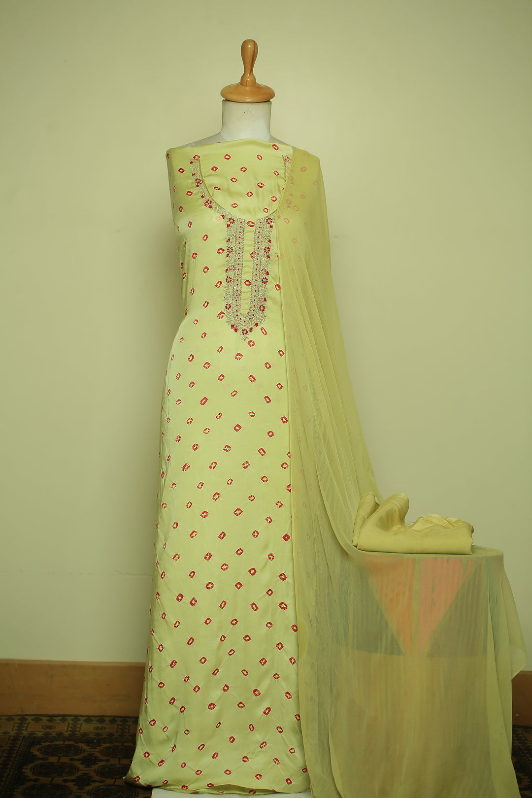 Bandhej Satin silk Unstitched Suit with Pearl, Sequins, Thread, Zardozi, Zari work.