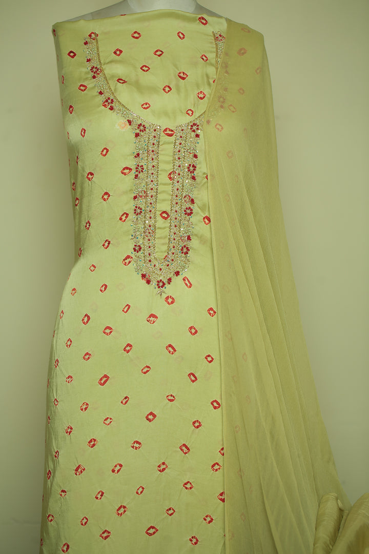 Bandhej Satin silk Unstitched Suit with Pearl, Sequins, Thread, Zardozi, Zari work.