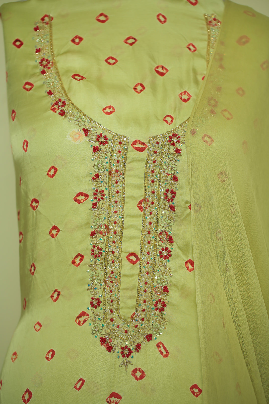 Bandhej Satin silk Unstitched Suit with Pearl, Sequins, Thread, Zardozi, Zari work.
