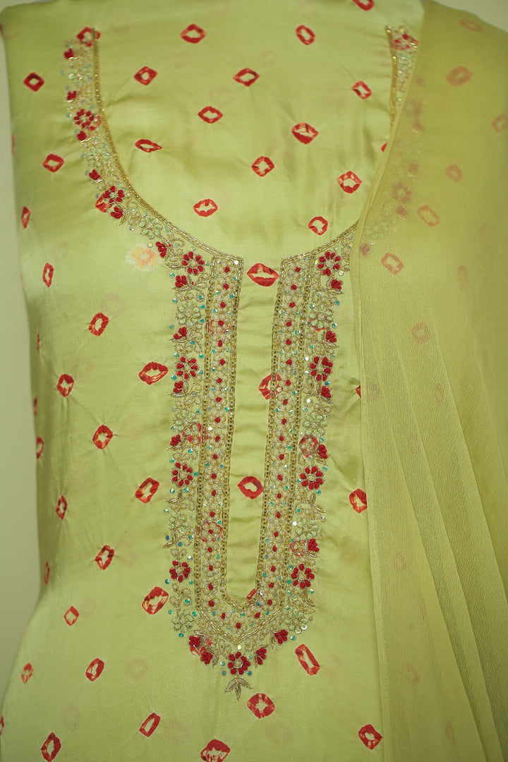 Bandhej Satin silk Unstitched Suit with Pearl, Sequins, Thread, Zardozi, Zari work.