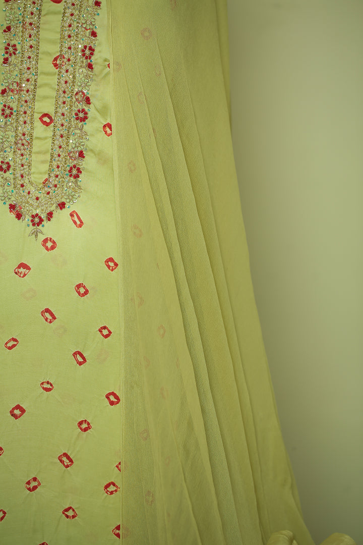 Bandhej Satin silk Unstitched Suit with Pearl, Sequins, Thread, Zardozi, Zari work.