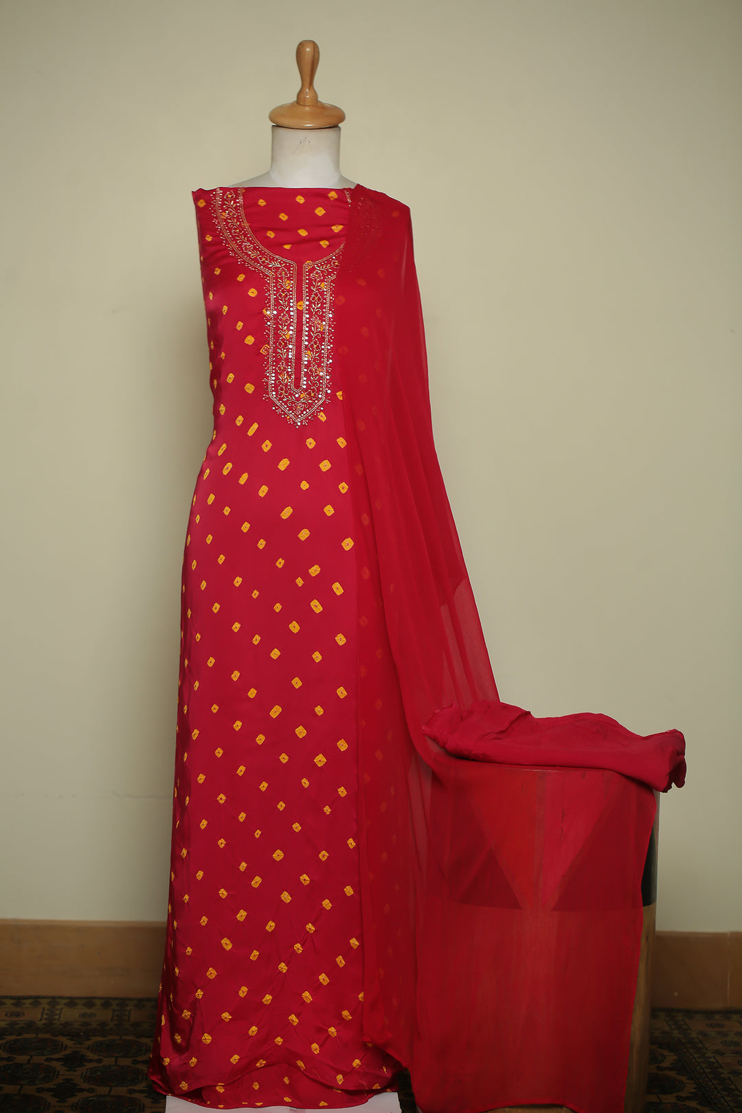 Bandhej Satin silk Unstitched Suit with Gota Patti, Mirror, Pearl, Thread, Zardozi, Zari work.