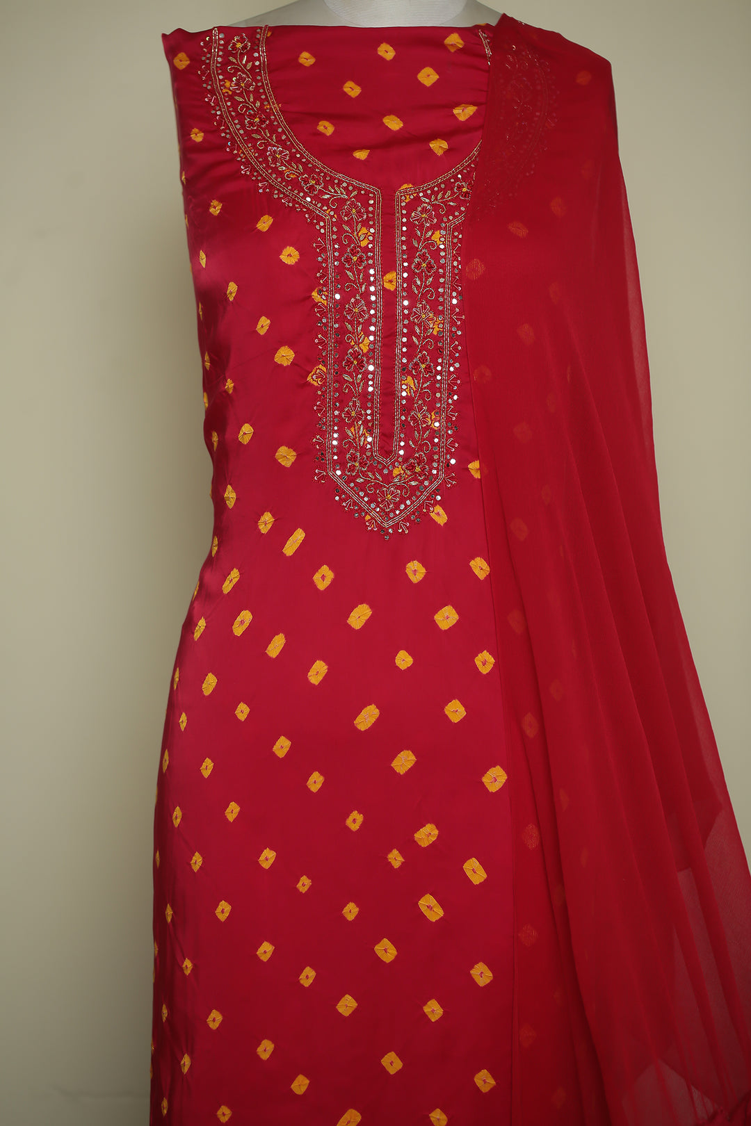 Bandhej Satin silk Unstitched Suit with Gota Patti, Mirror, Pearl, Thread, Zardozi, Zari work.