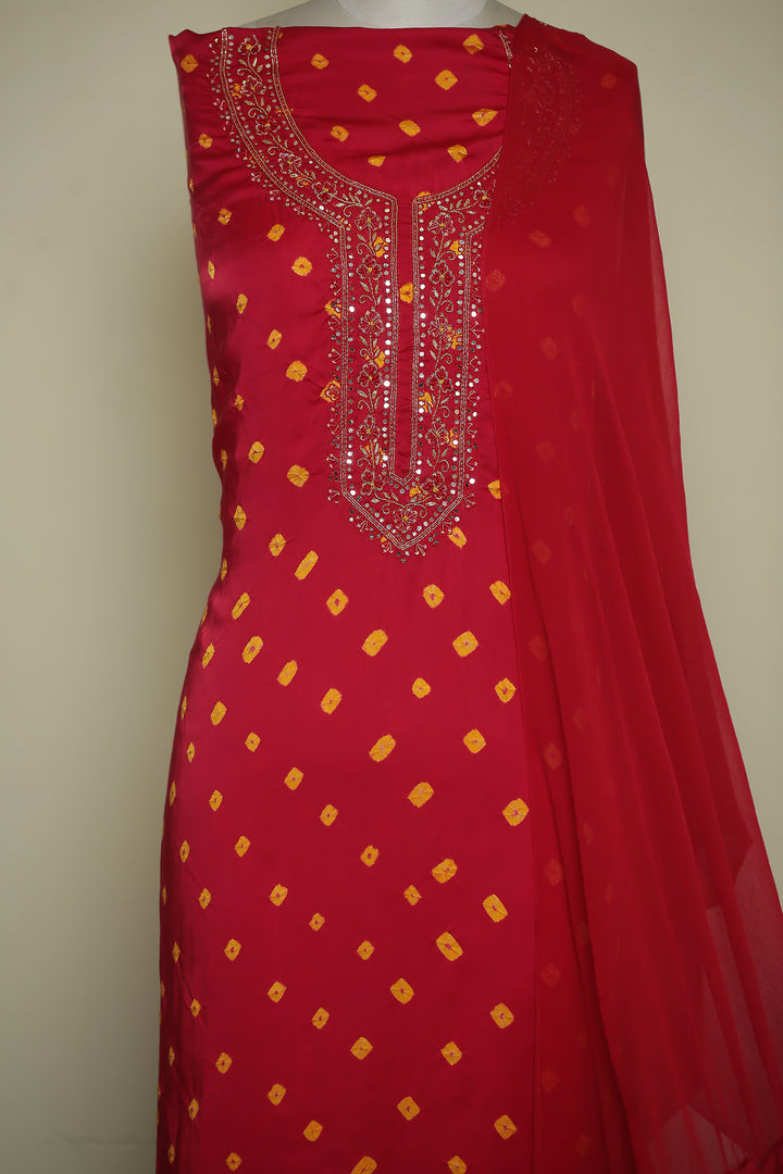 Bandhej Satin silk Unstitched Suit with Gota Patti, Mirror, Pearl, Thread, Zardozi, Zari work.