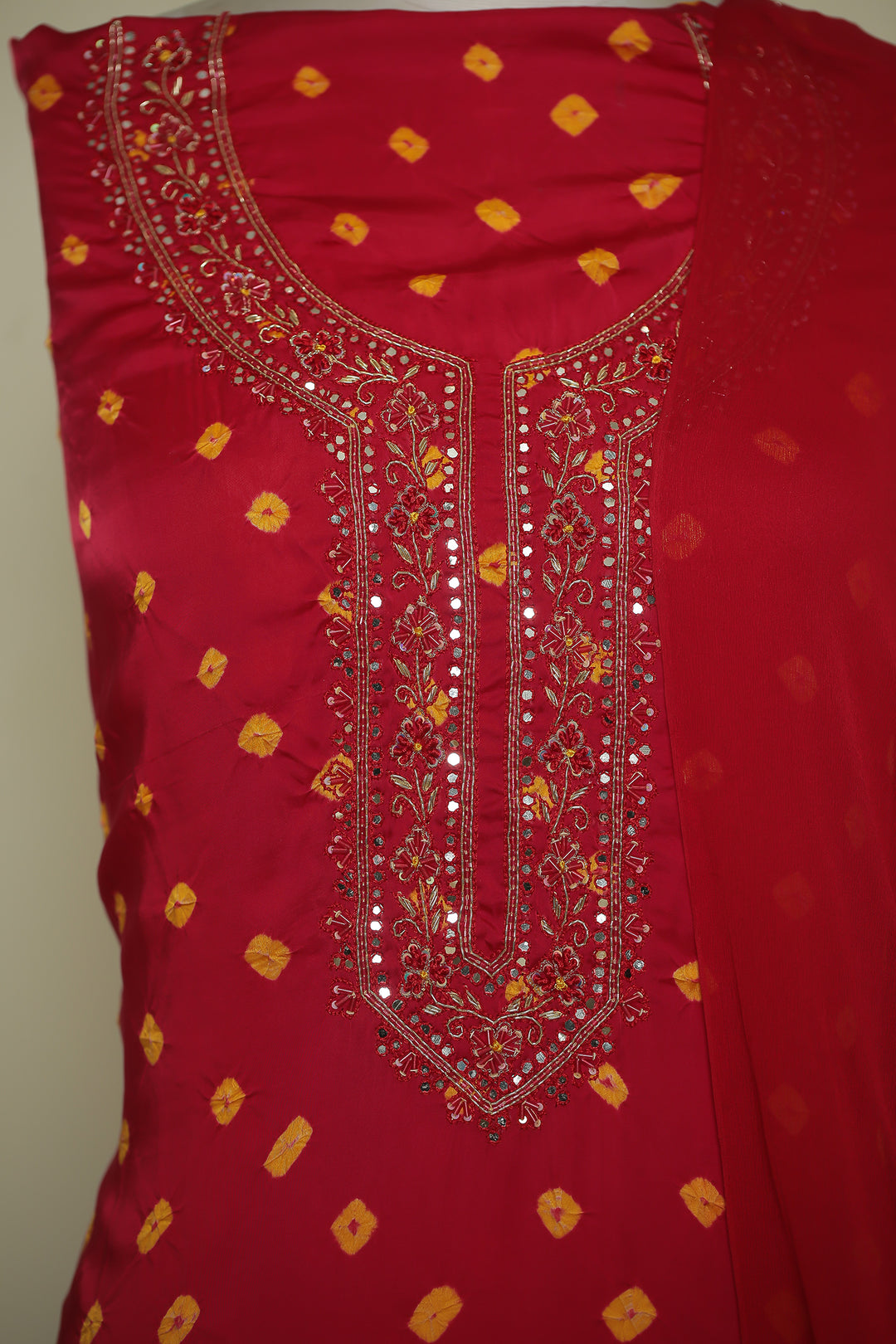 Bandhej Satin silk Unstitched Suit with Gota Patti, Mirror, Pearl, Thread, Zardozi, Zari work.