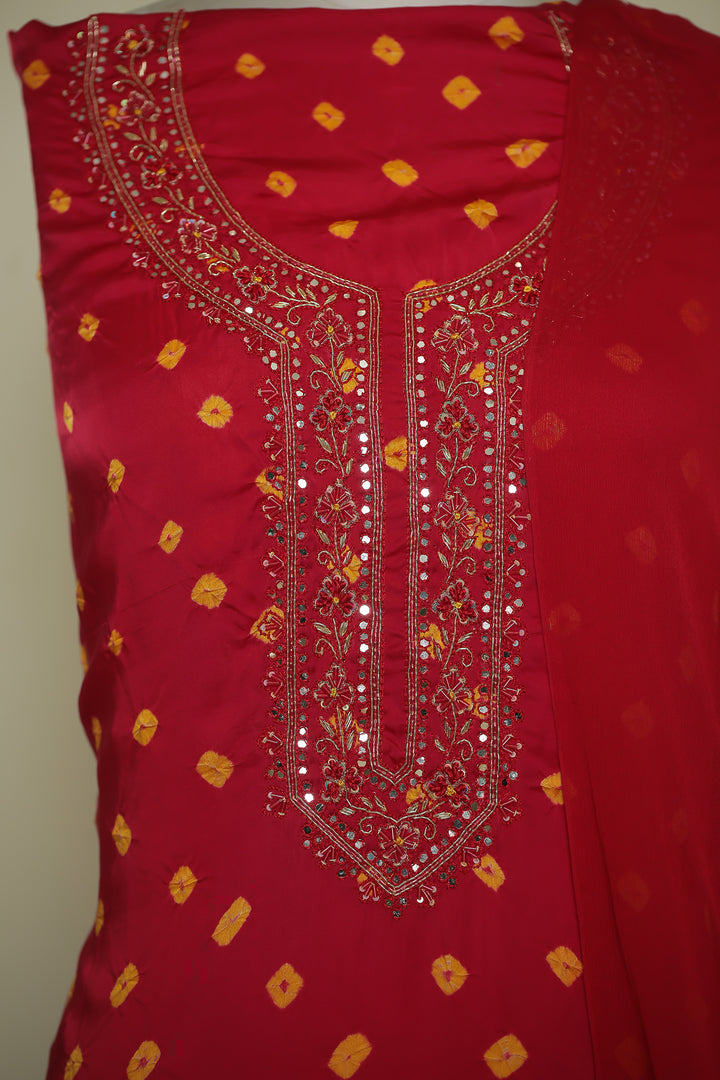 Bandhej Satin silk Unstitched Suit with Gota Patti, Mirror, Pearl, Thread, Zardozi, Zari work.