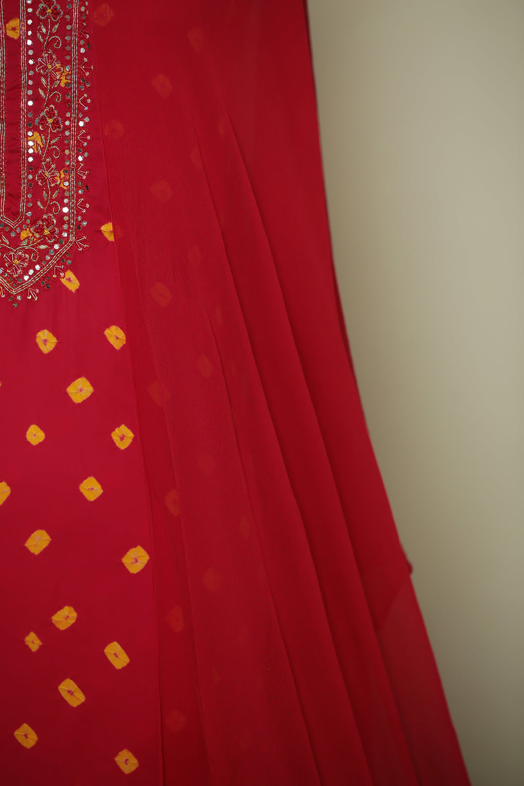 Bandhej Satin silk Unstitched Suit with Gota Patti, Mirror, Pearl, Thread, Zardozi, Zari work.