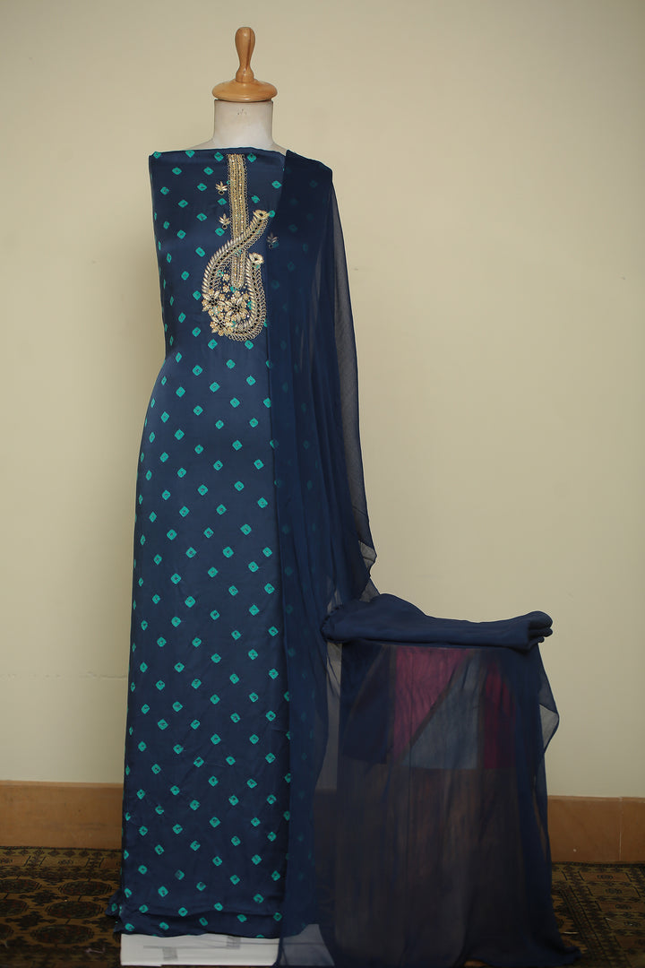 Bandhej Satin silk Unstitched Suit with Sequins, Thread, Zardozi, Zari work.