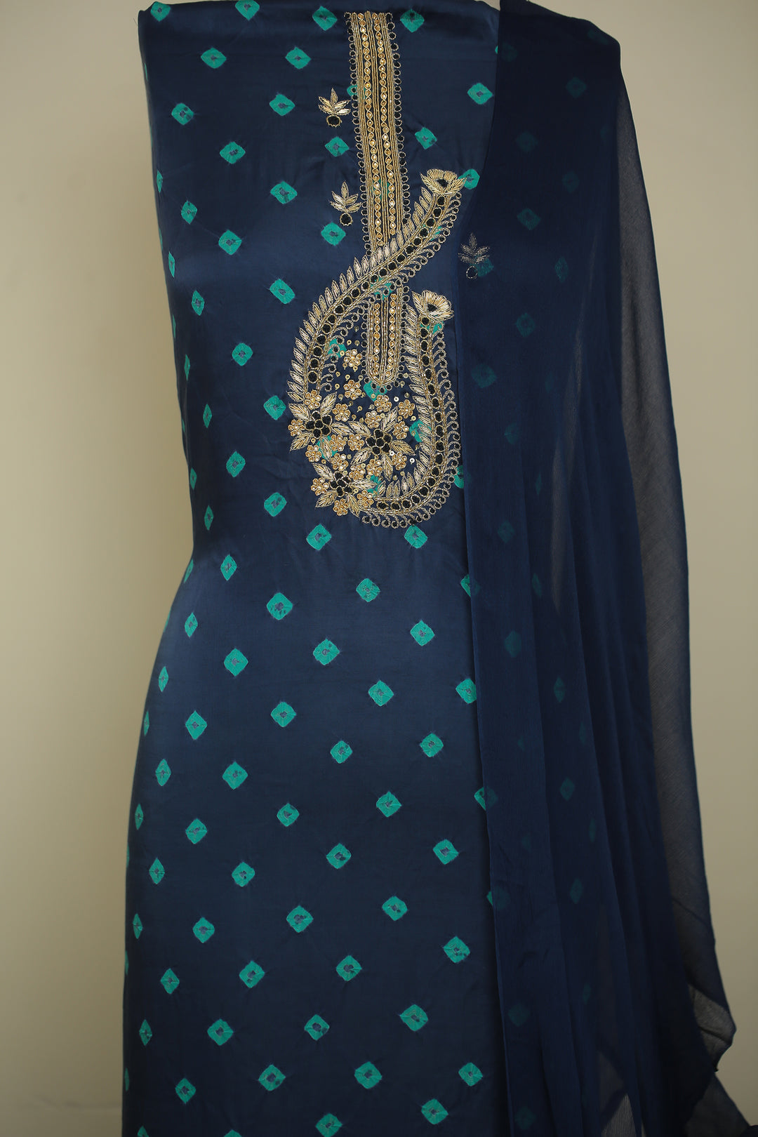 Bandhej Satin silk Unstitched Suit with Sequins, Thread, Zardozi, Zari work.