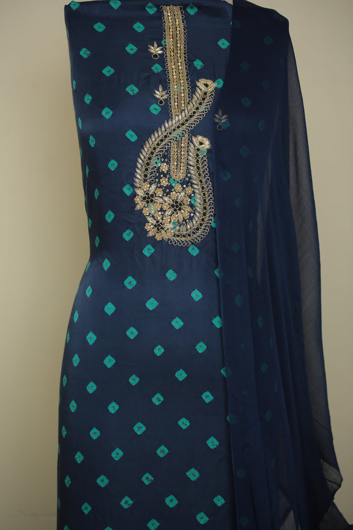Bandhej Satin silk Unstitched Suit with Sequins, Thread, Zardozi, Zari work.