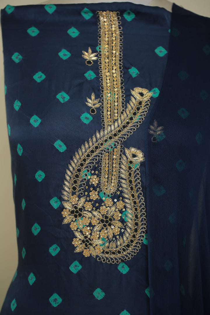 Bandhej Satin silk Unstitched Suit with Sequins, Thread, Zardozi, Zari work.