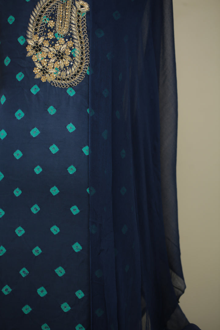 Bandhej Satin silk Unstitched Suit with Sequins, Thread, Zardozi, Zari work.