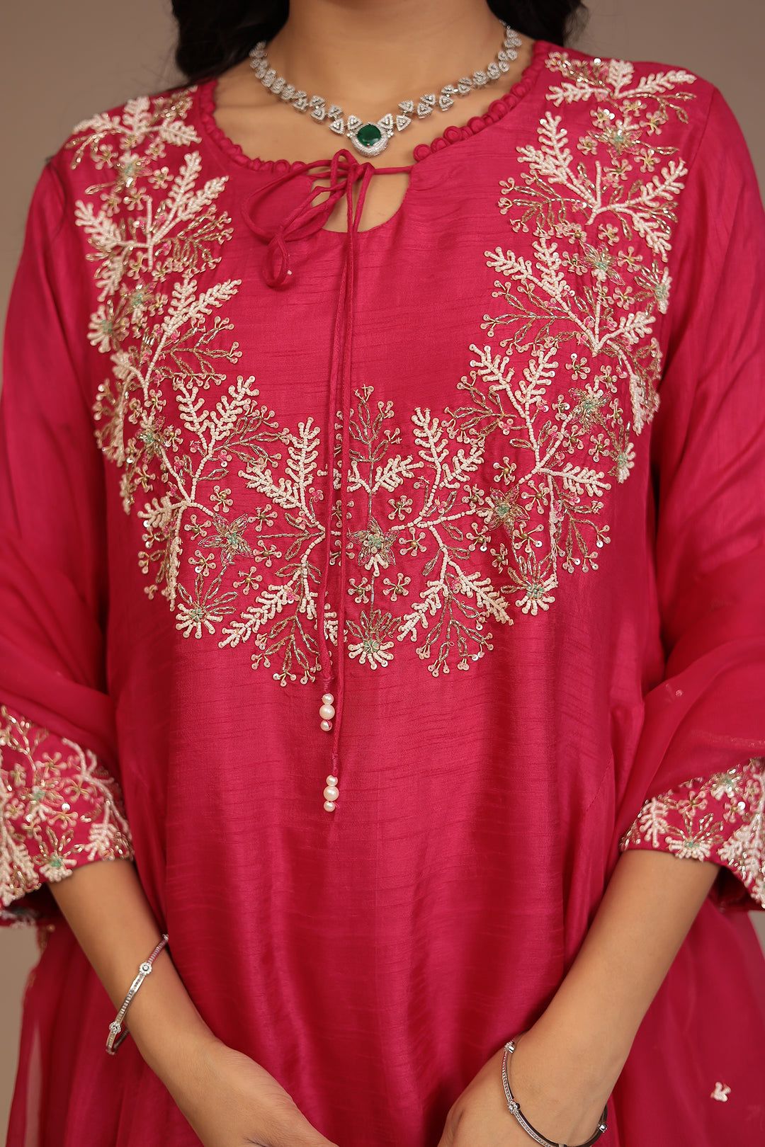 Tussar silk Suit with Cutdana, Pearl, Sequins work.