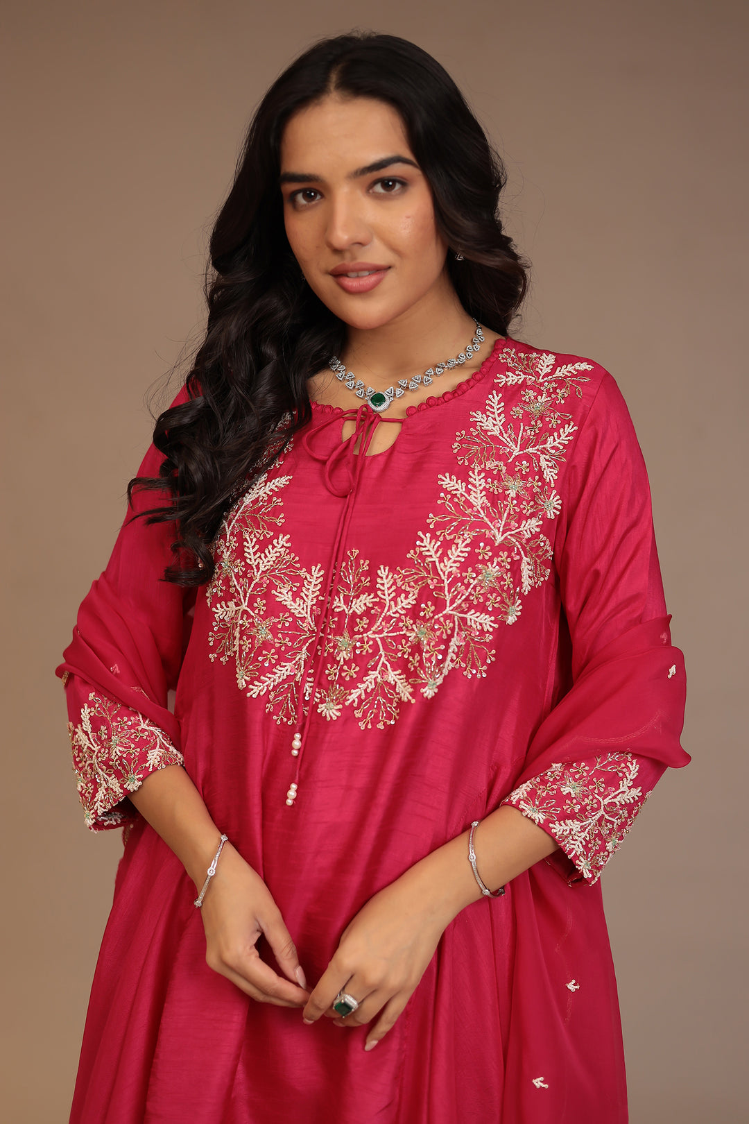 Tussar silk Suit with Cutdana, Pearl, Sequins work.