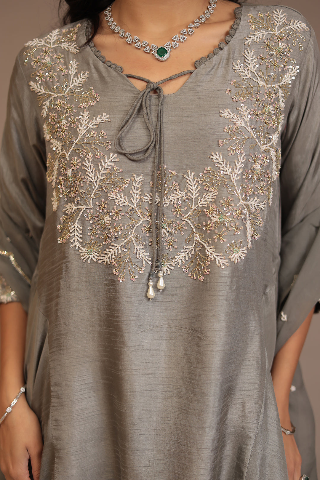 Tussar silk Suit with Cutdana, Pearl, Sequins work.