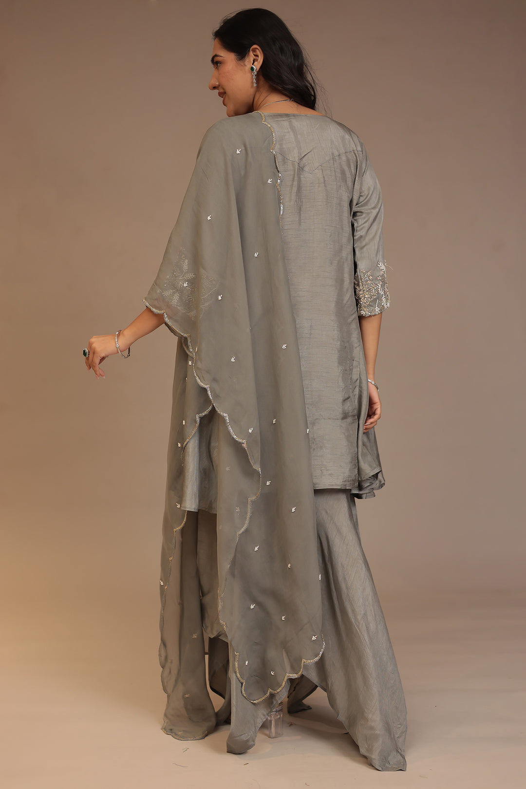 Tussar silk Suit with Cutdana, Pearl, Sequins work.