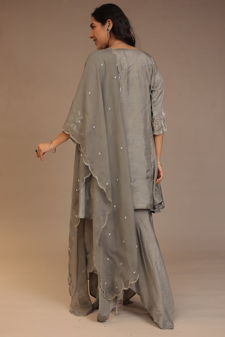 Tussar silk Suit with Cutdana, Pearl, Sequins work.