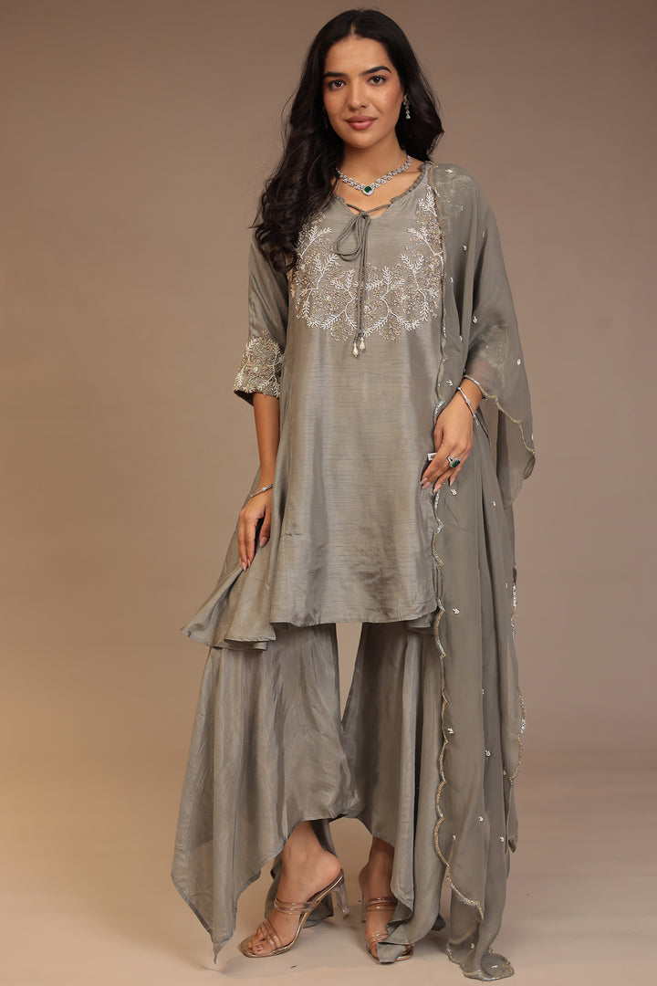 Tussar silk Suit with Cutdana, Pearl, Sequins work.