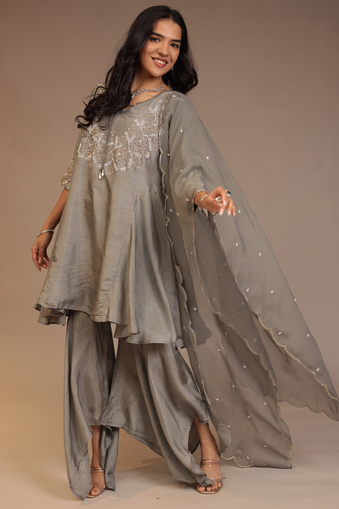 Tussar silk Suit with Cutdana, Pearl, Sequins work.