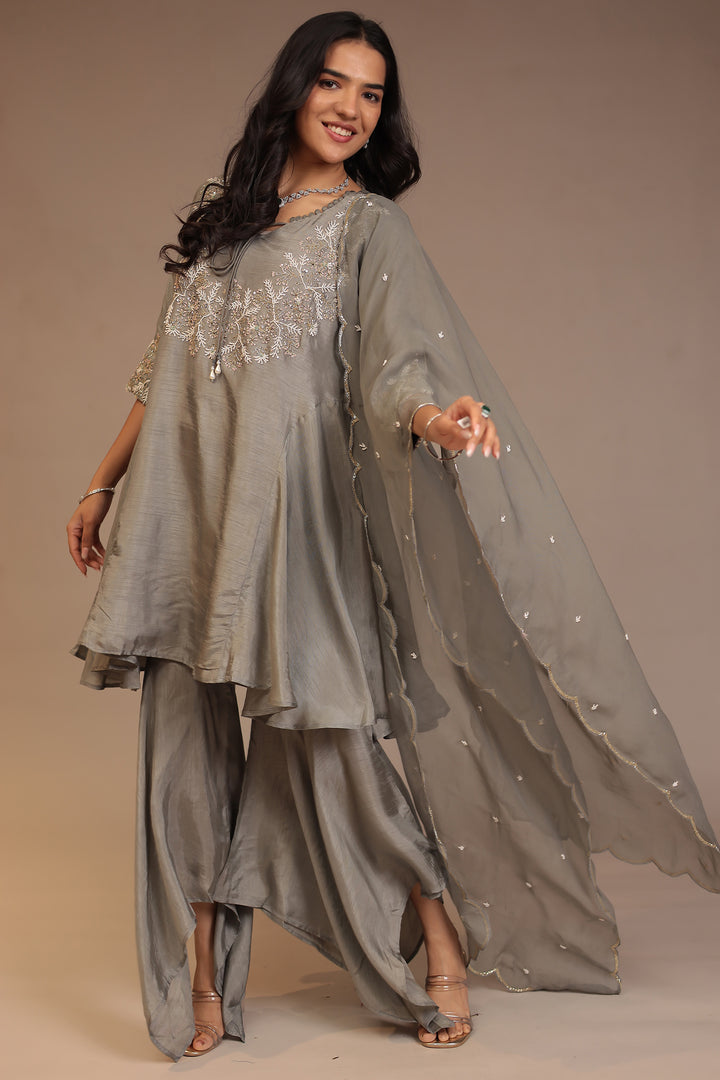 Tussar silk Suit with Cutdana, Pearl, Sequins work.