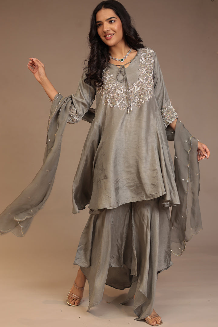 Tussar silk Suit with Cutdana, Pearl, Sequins work.