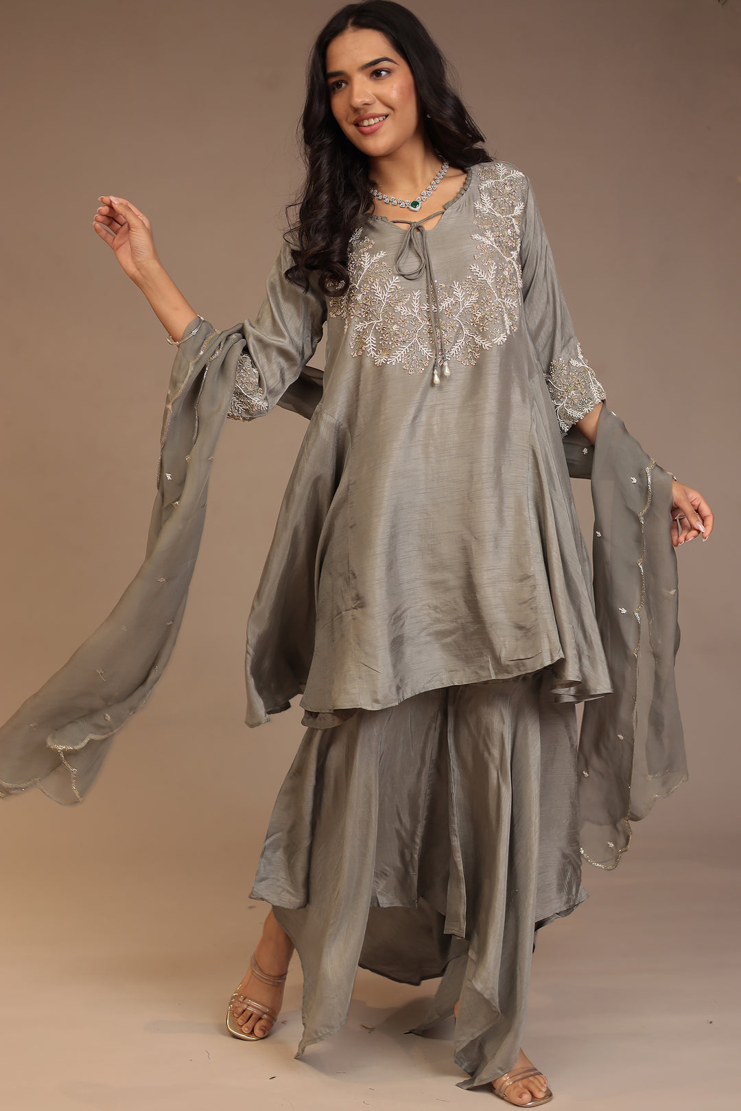 Tussar silk Suit with Cutdana, Pearl, Sequins work.