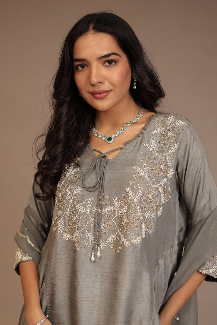 Tussar silk Suit with Cutdana, Pearl, Sequins work.