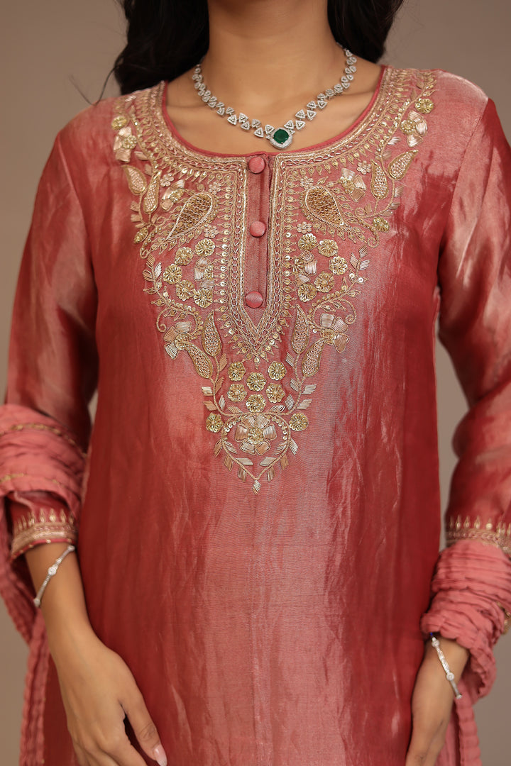 Tissue Suit with Aari, Cutdana, Gota Patti, Sequins work.